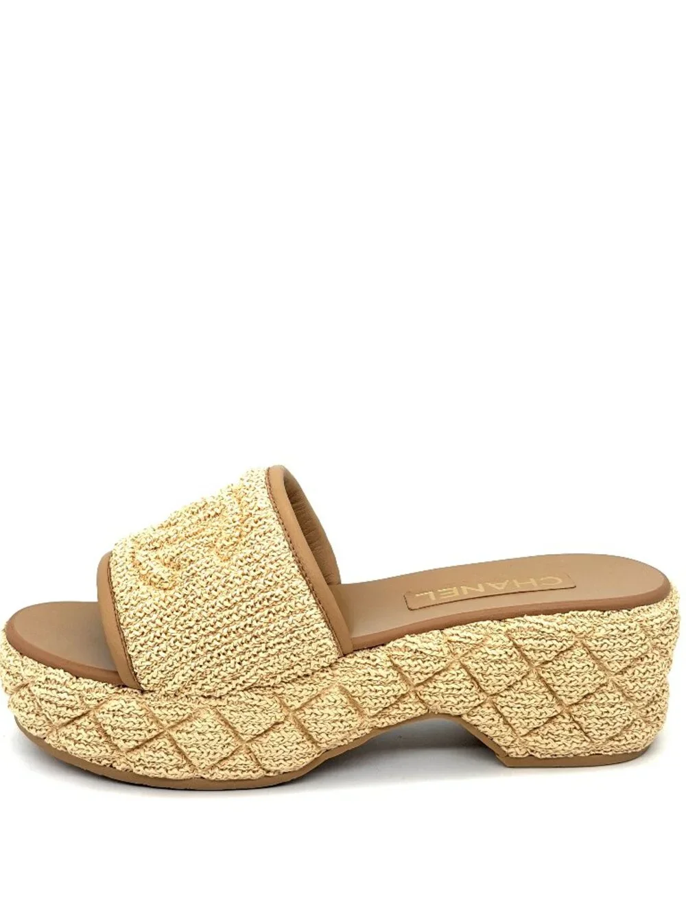 CHANEL 25C Quilted Embroidered Raffia Fabric Platform Heel Mules Slides Sandals